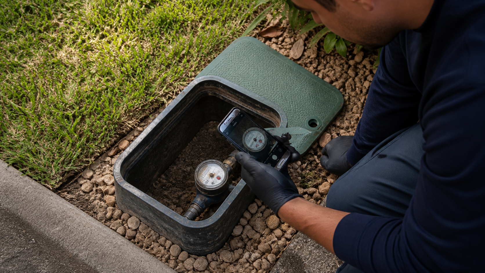Technician recording the leak indicator on a residential water meter